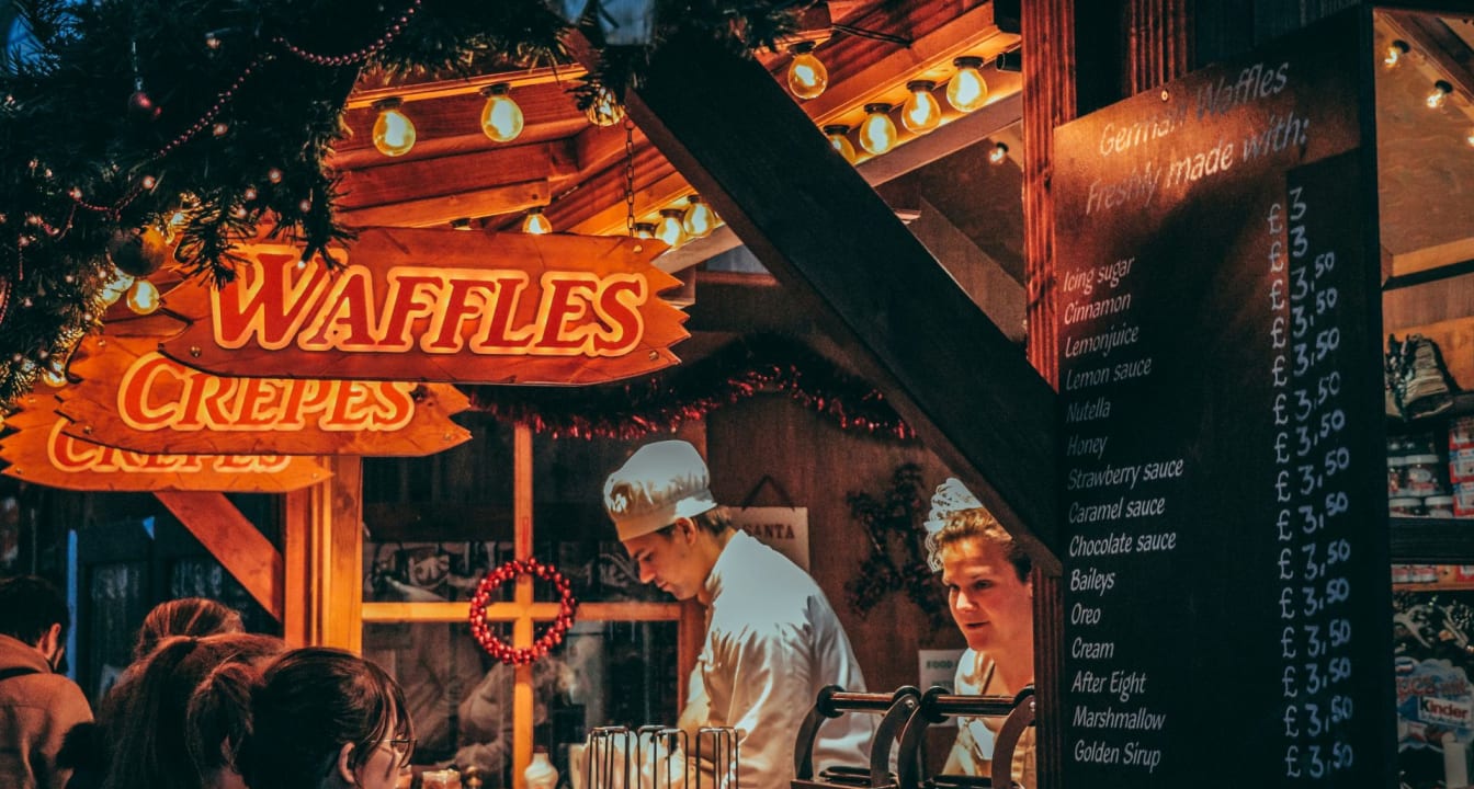 Stand at a Christmas market selling waffles and crepes