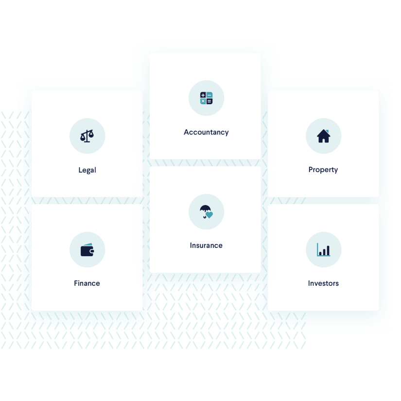 Six blocks with text and icons, Legal, Accountancy, Property, Finance, Insurance, Investors