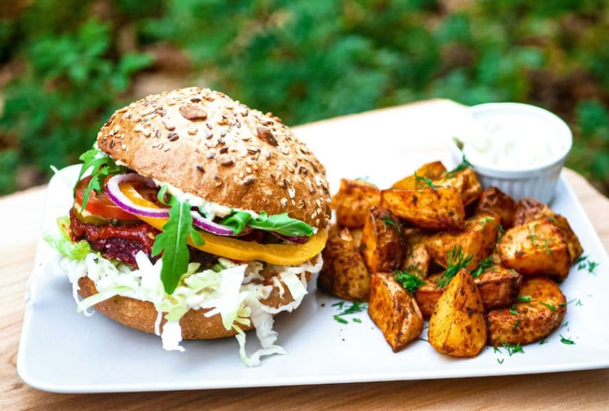 Vegan burger with chips