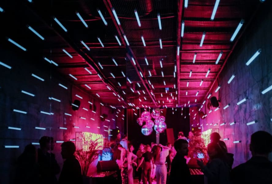 Nightclub with lights and disco balls