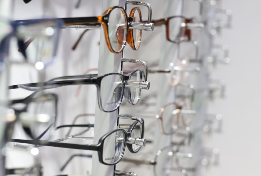 Wall of glasses in an opticians