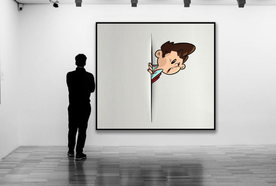Student stands in front of a cartoon piece of art