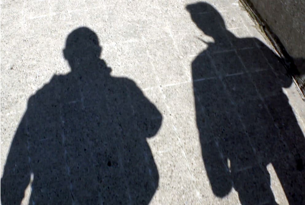 The shadows of two men walking side by side