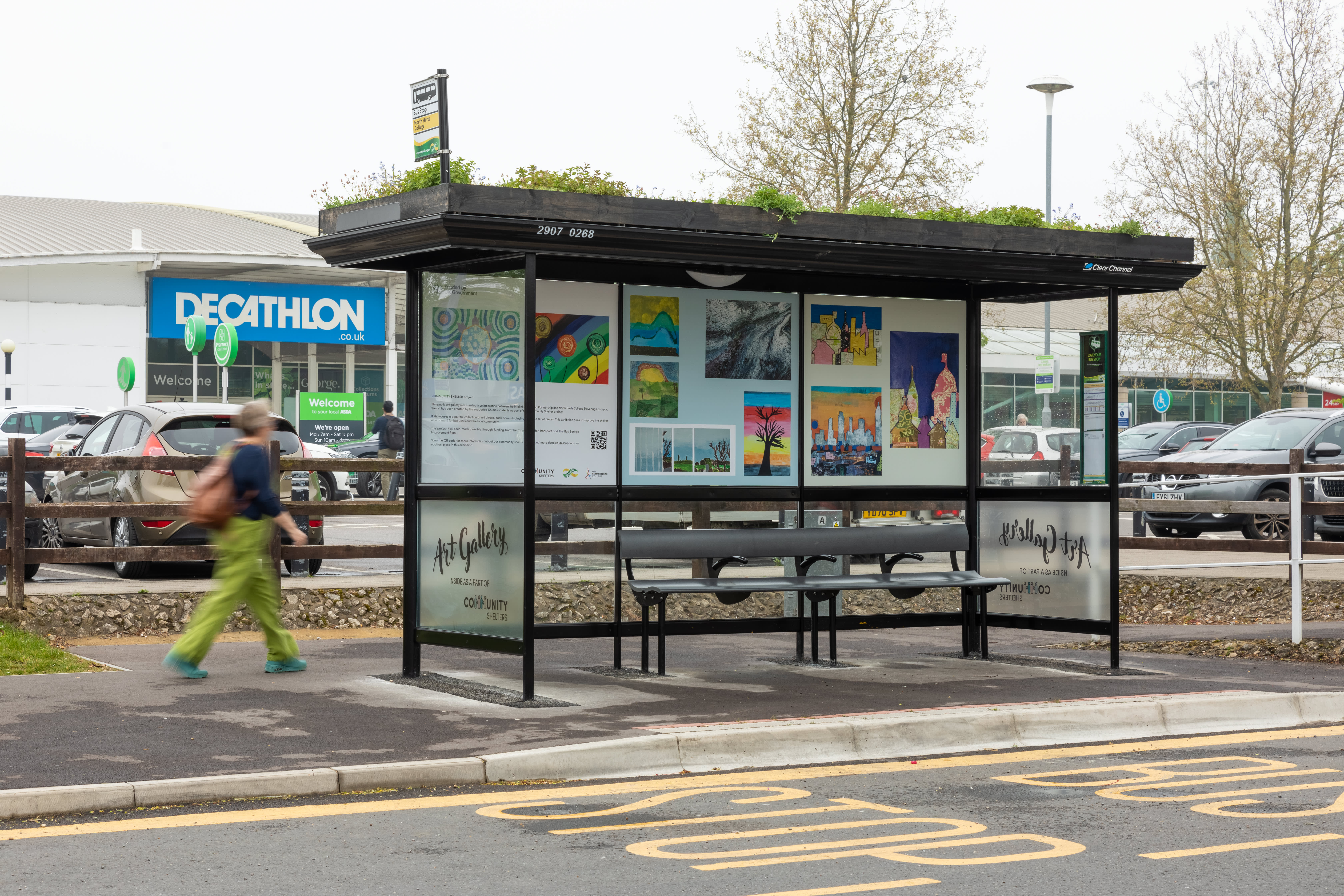 A living roof bus shelter with artwork.