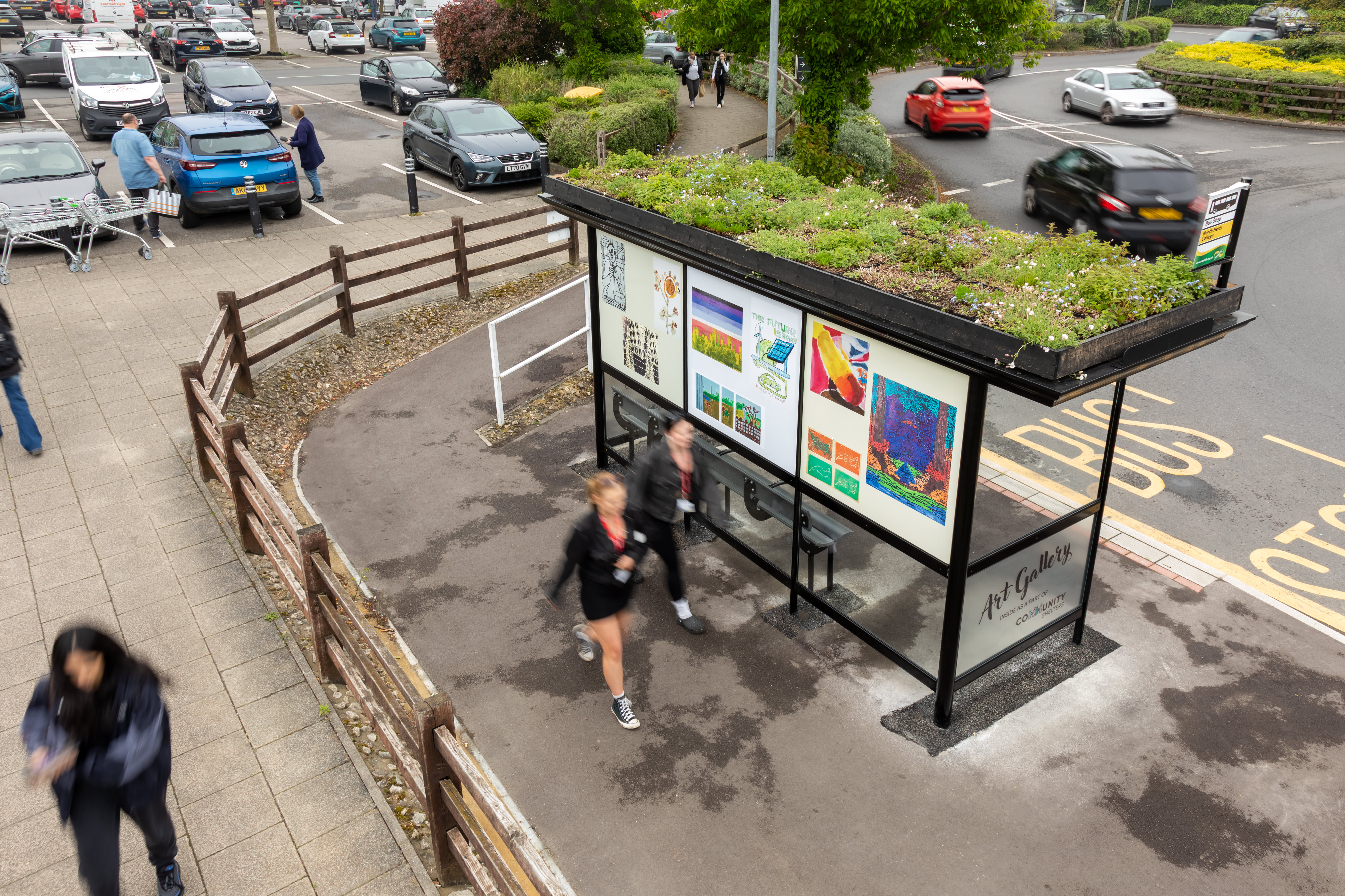 A living roof bus shelter with artwork.