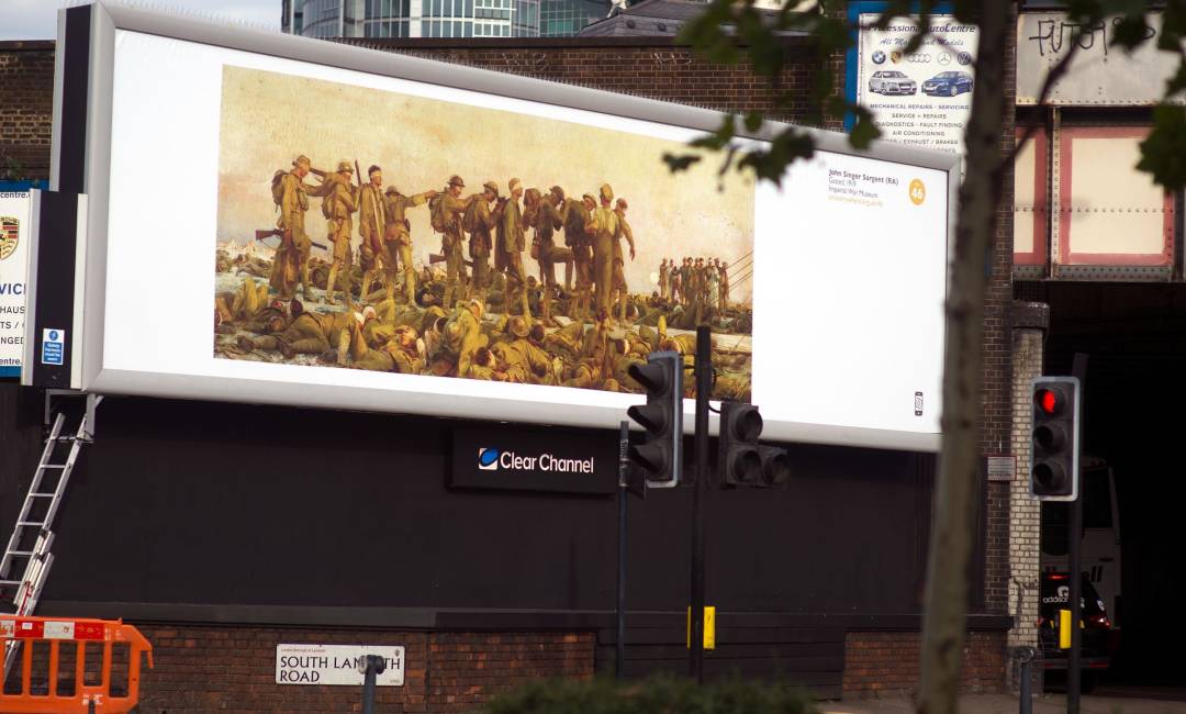 Clear Channel Billboard showing a painting of a group of soldiers for Art Everywhere campaign