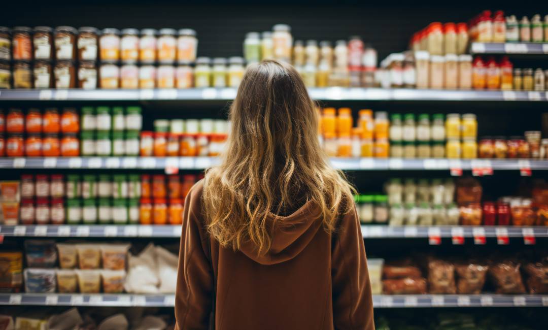 A woman in front of an aisle of groceries