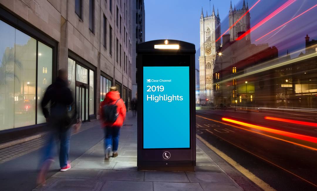 Adshel Live Phone box showing the words Clear Channel 2019 Highlights