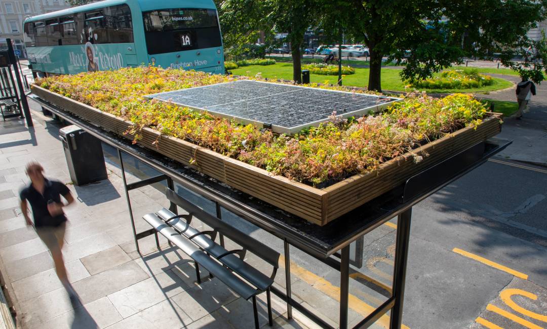 A man runs past a Living Roof bus shelter with a solar panel and plants on top as a bus drives by during the day