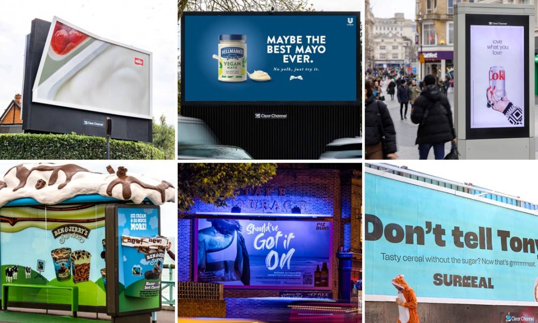 A collage image of multiple advertising campaigns from FMCG brands across various Out of Home formats