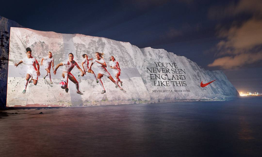 A Nike advertising campaign for the lionesses projected across the cliffs of Dover