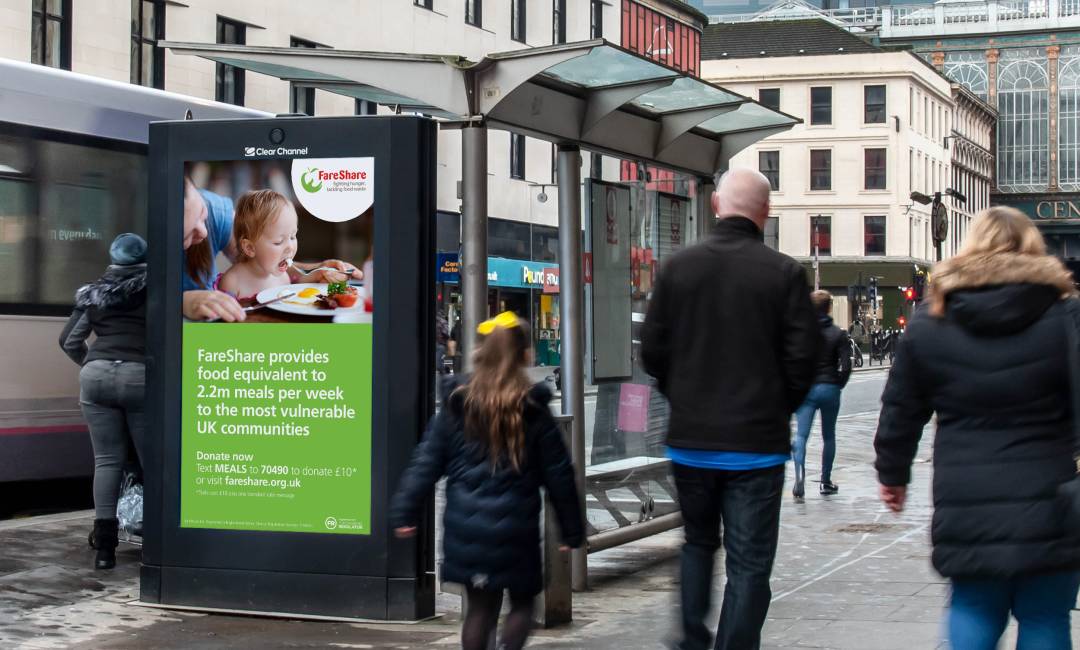 A bus shelter campaign advertising for Fare share.