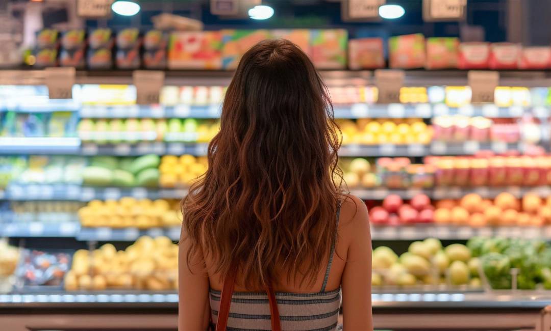 Woman looking at fruit and veg in supermarket aisle
