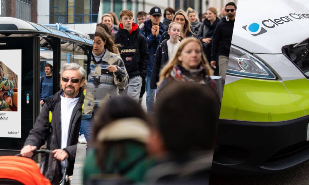 A collage image with an outdoor advertising screen, audiences and an electric vehicle