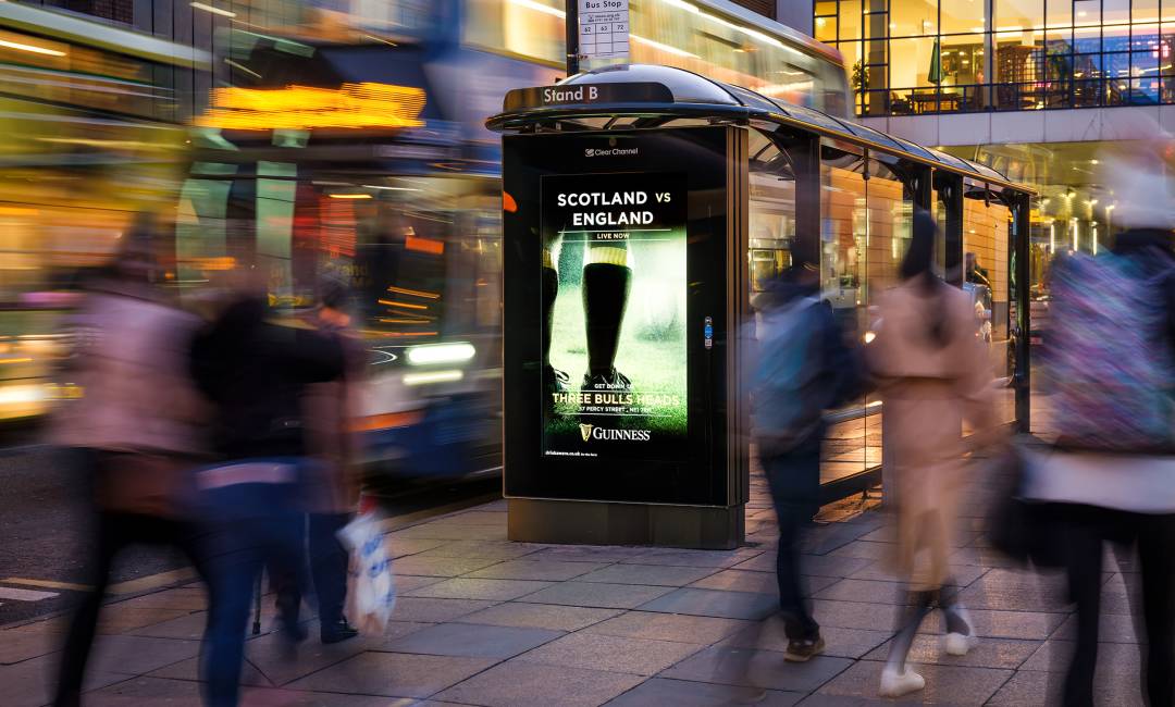 Guinness advertisement promoting Scotland vs England rugby game at a local pub