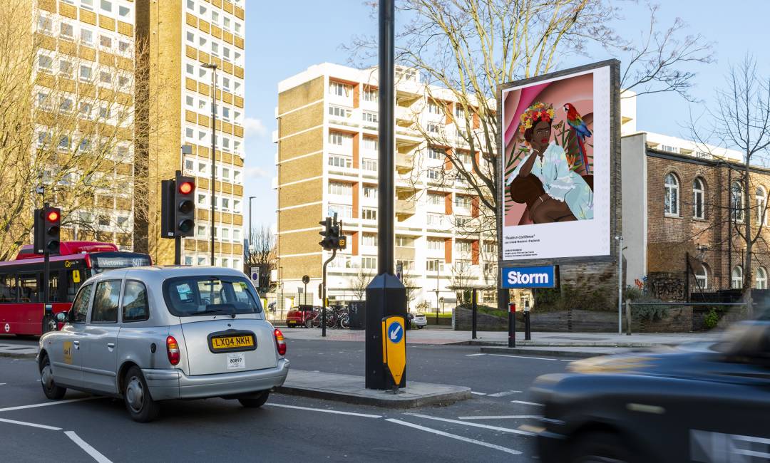 Storm billboard displaying POCC advertisement at by a busy junction in Lambeth