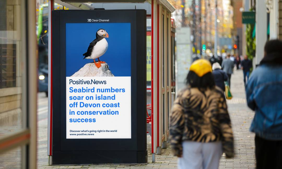 A Positive.News headline displayed on a Clear Channel UK Adshel Live display at a bus stop as people walk past during the day