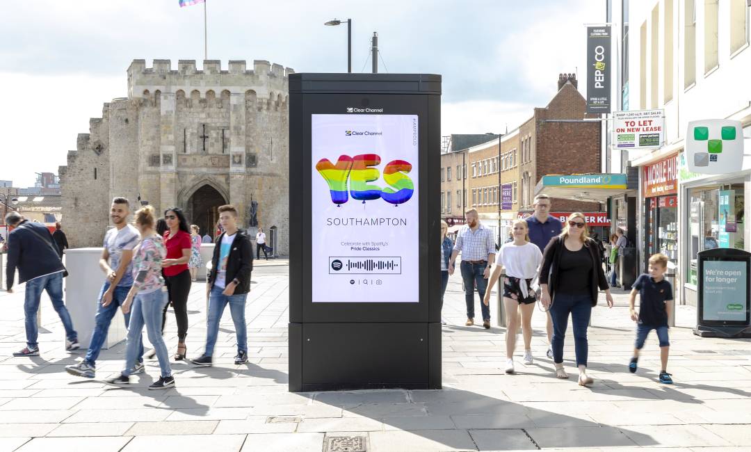 Clear Channel Pride Spotify advert on an Adshel Live screen