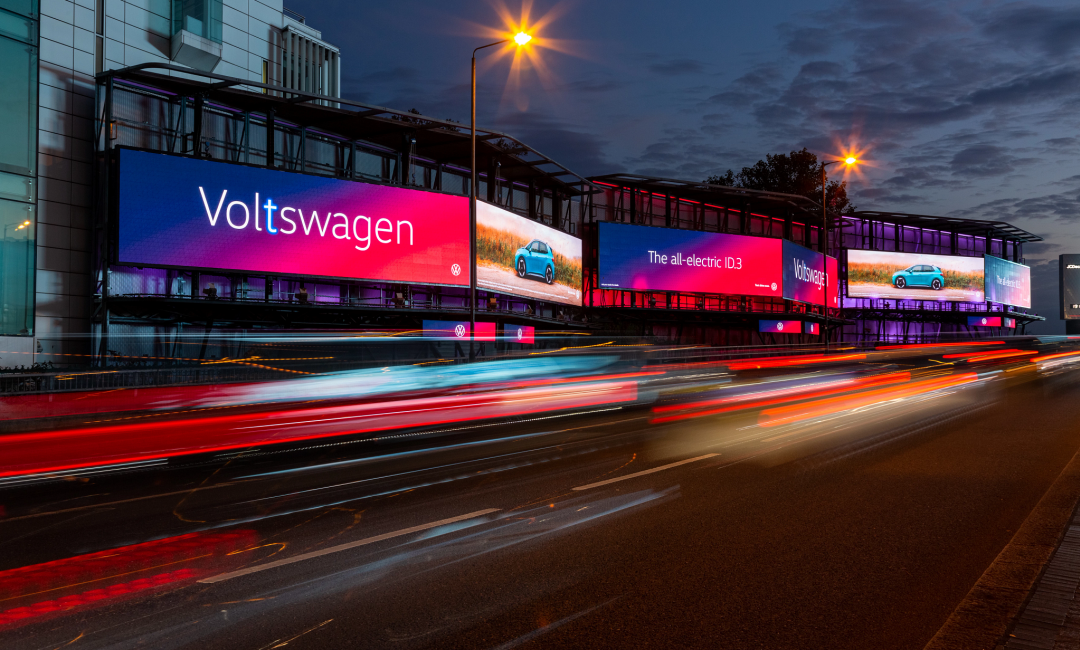 Clear Channel Voltswagen campaign on Storm Cromination featuring a blue VW electric vehicle