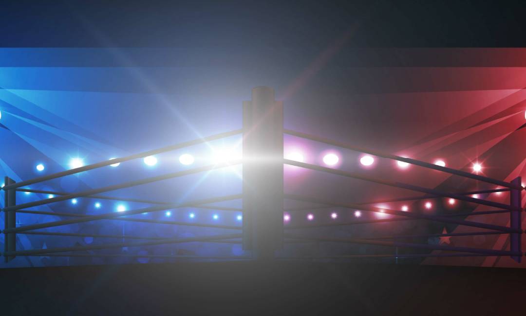 Boxing ring image with blue and red lighting