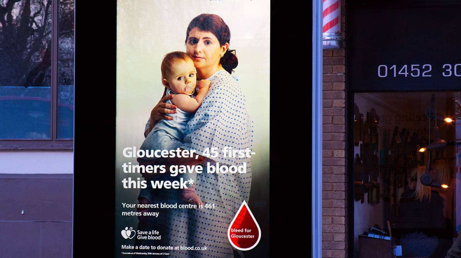 NHS blood donation campaign showing the nearest Gloucester blood centre is 461 metres away