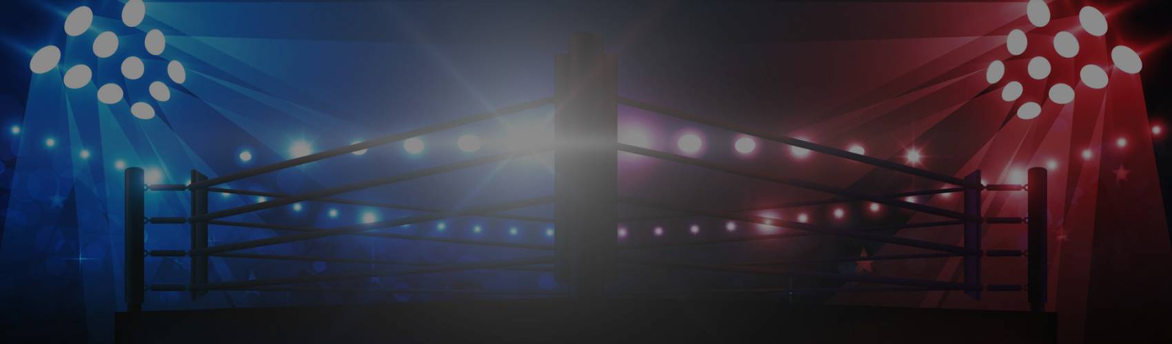 A red and blue lit boxing ring