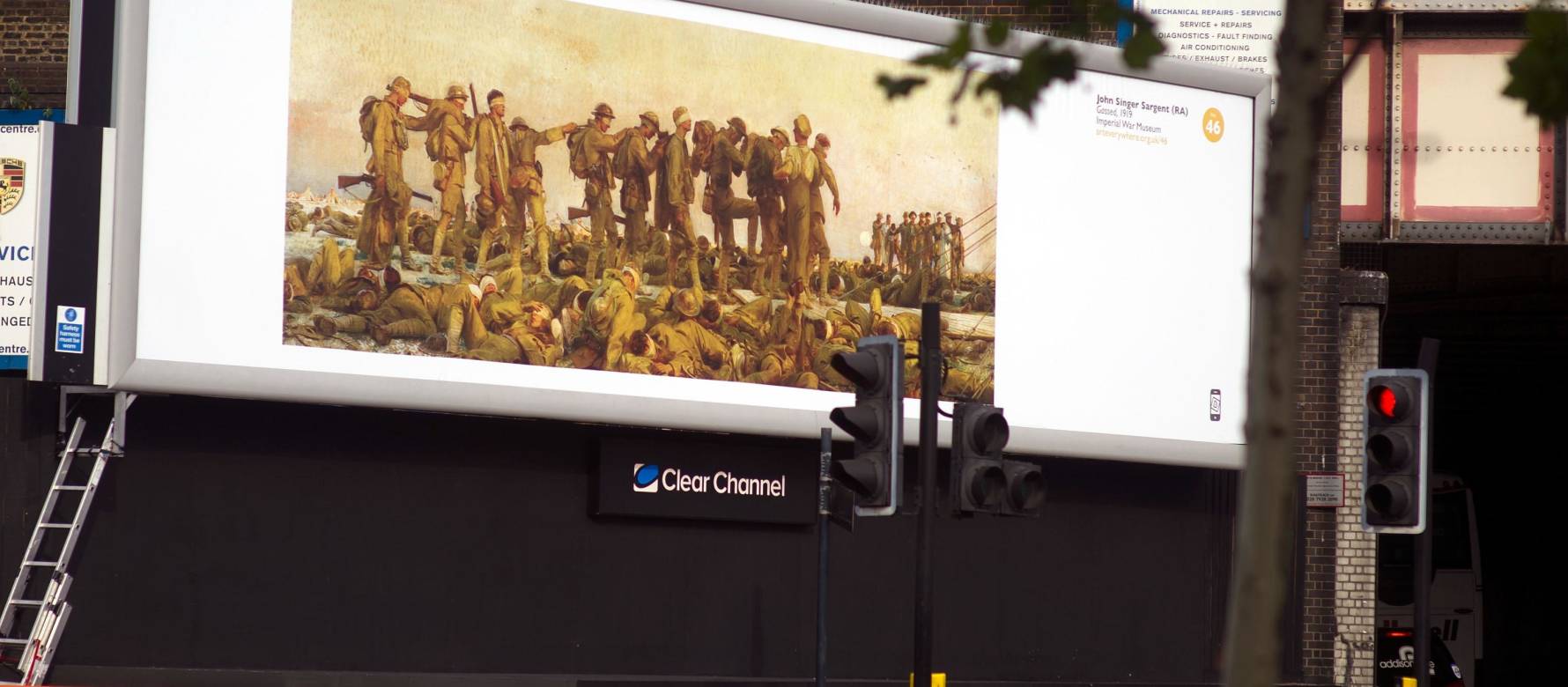 Clear Channel Billboard showing a painting of a group of soldiers for Art Everywhere campaign