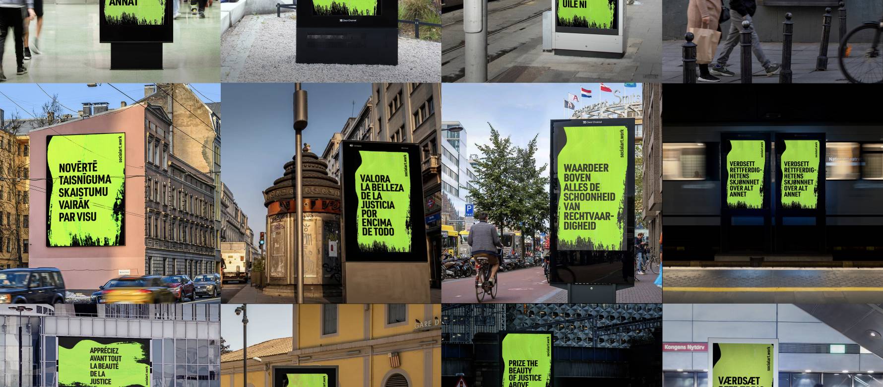 A collage of 12 Adshel Live screens and digital billboards displaying the 4 Tenets for Europe in multiple languages in various locations across Europe, with black letters on a green background