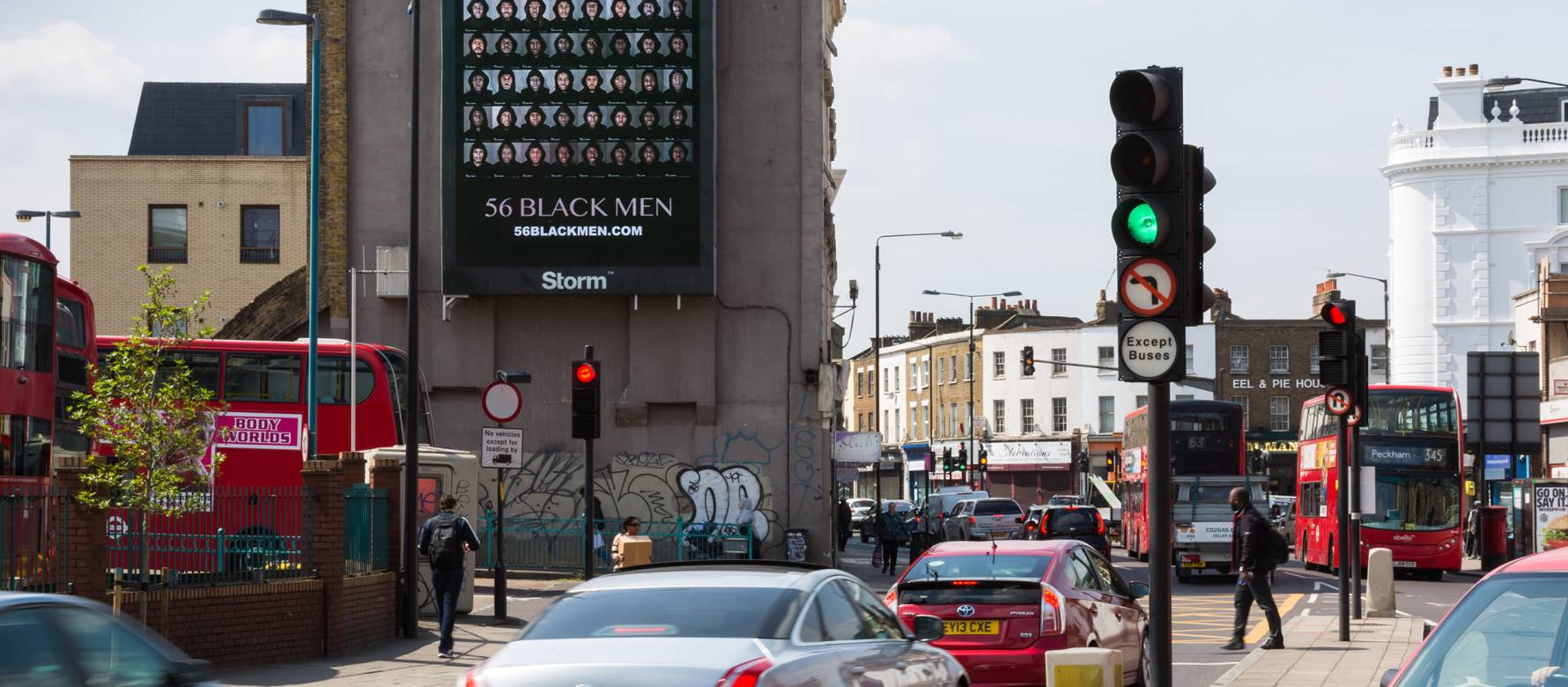 Clear Channel Storm site on a busy road showing 56 Black Men Campaign