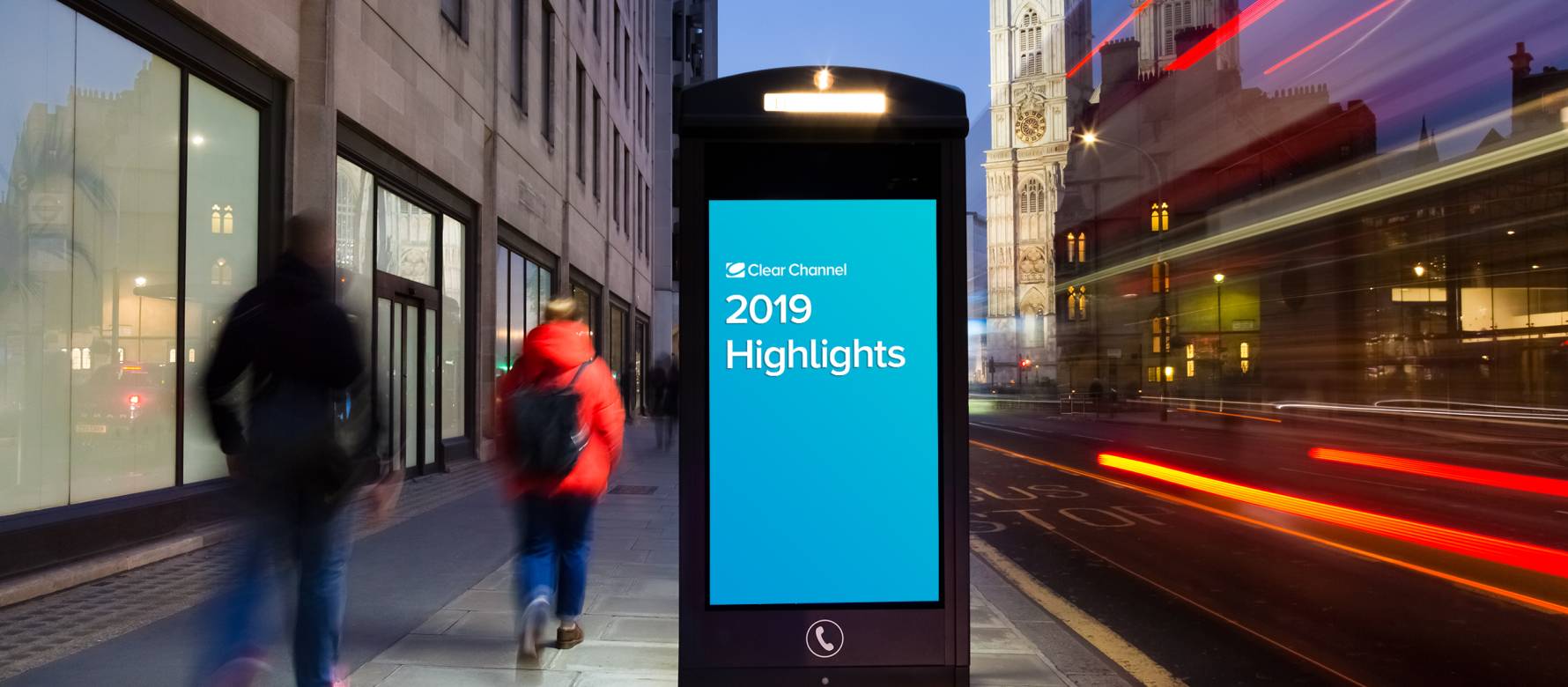Adshel Live Phone box showing the words Clear Channel 2019 Highlights