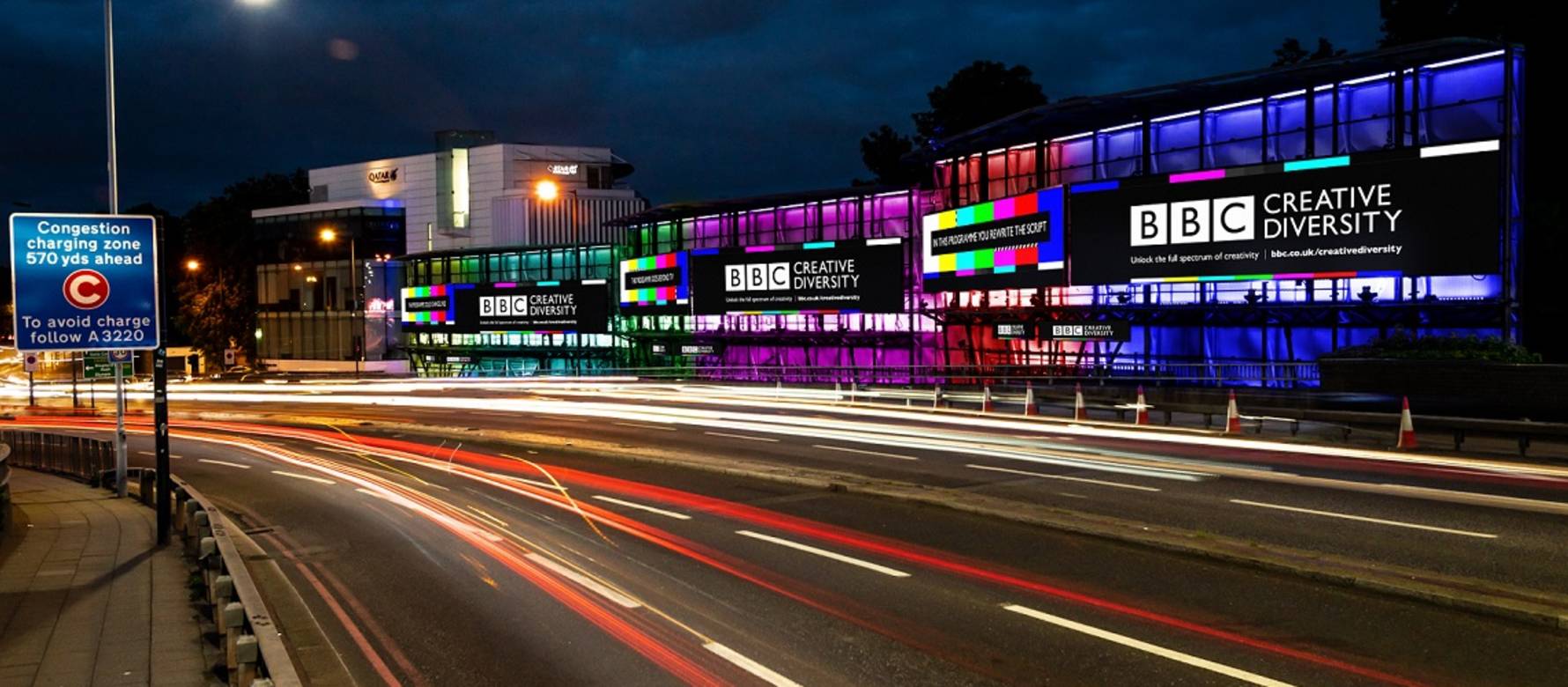 Night shot of BBC Creative Diversity campaign on Clear Channel Storm Cromination site.