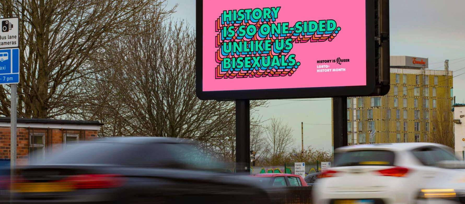 Billboard Live screen showing Clear Channel & Ogilvy campaign for LGBTQ+ History Month