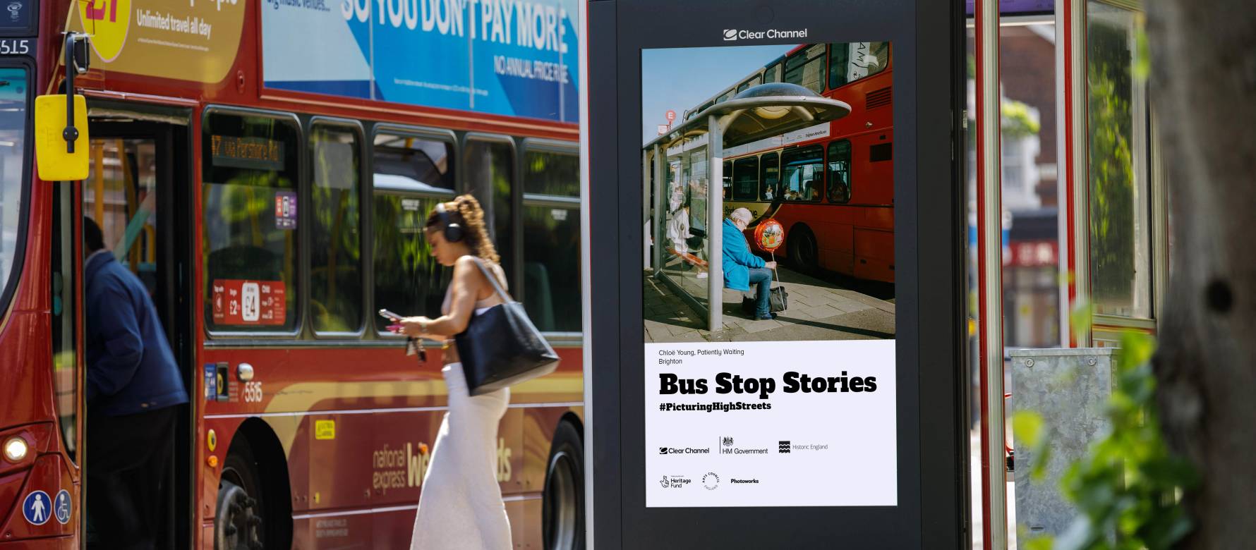 Clear Channel Bus Stop Stories campaign on Adshel Live screen showing an elderly lady sitting at a bus stop.