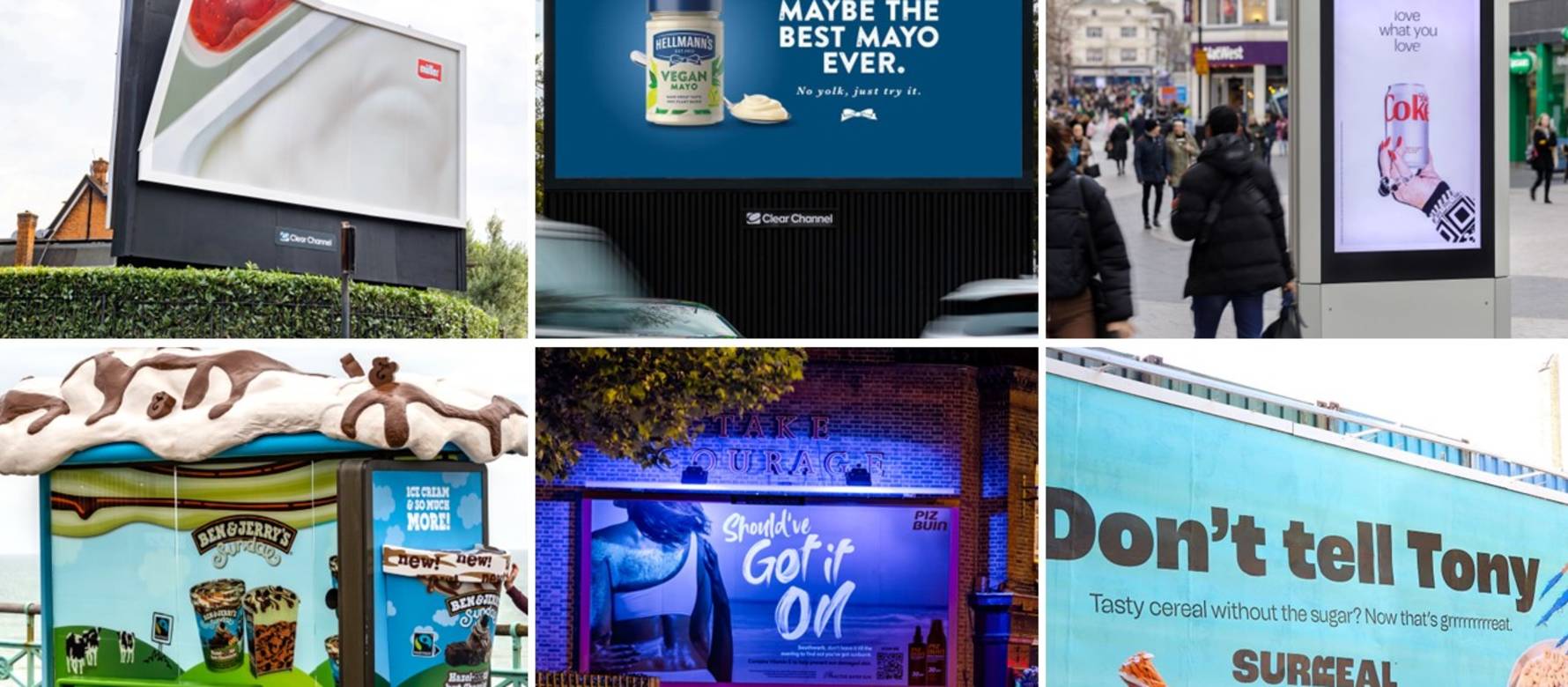 A collage image of advertising campaigns from FMCG brands on various Out of Home formats