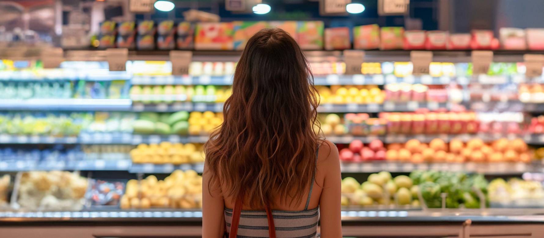 Woman looking at fruit and veg in supermarket aisle