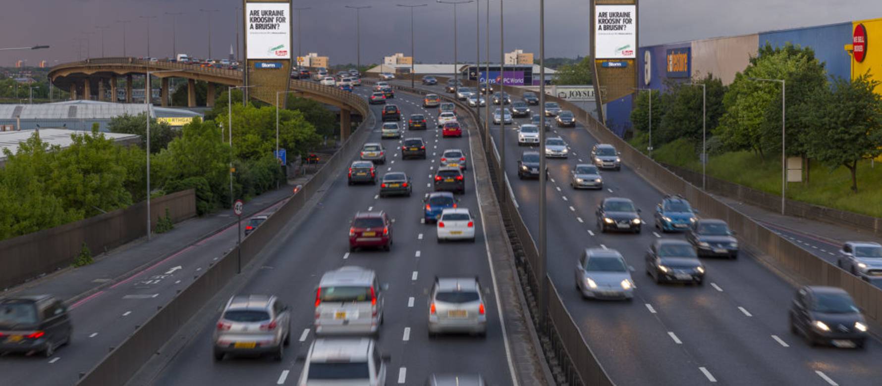 Storm site on a busy road showing The Sun’s #Tournamental campaign from Pulse Creative, Kinetic Active and DOOH.com.