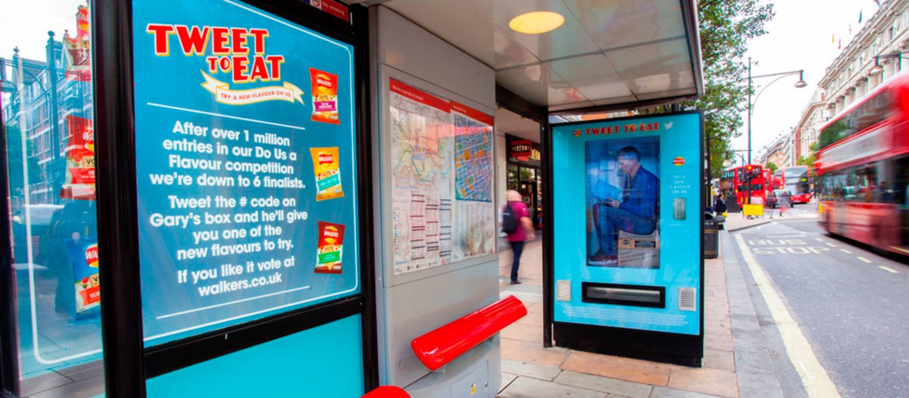 A bus shelter that has been transformed into a vending machine as part of an advertising campaign for Walkers crisps