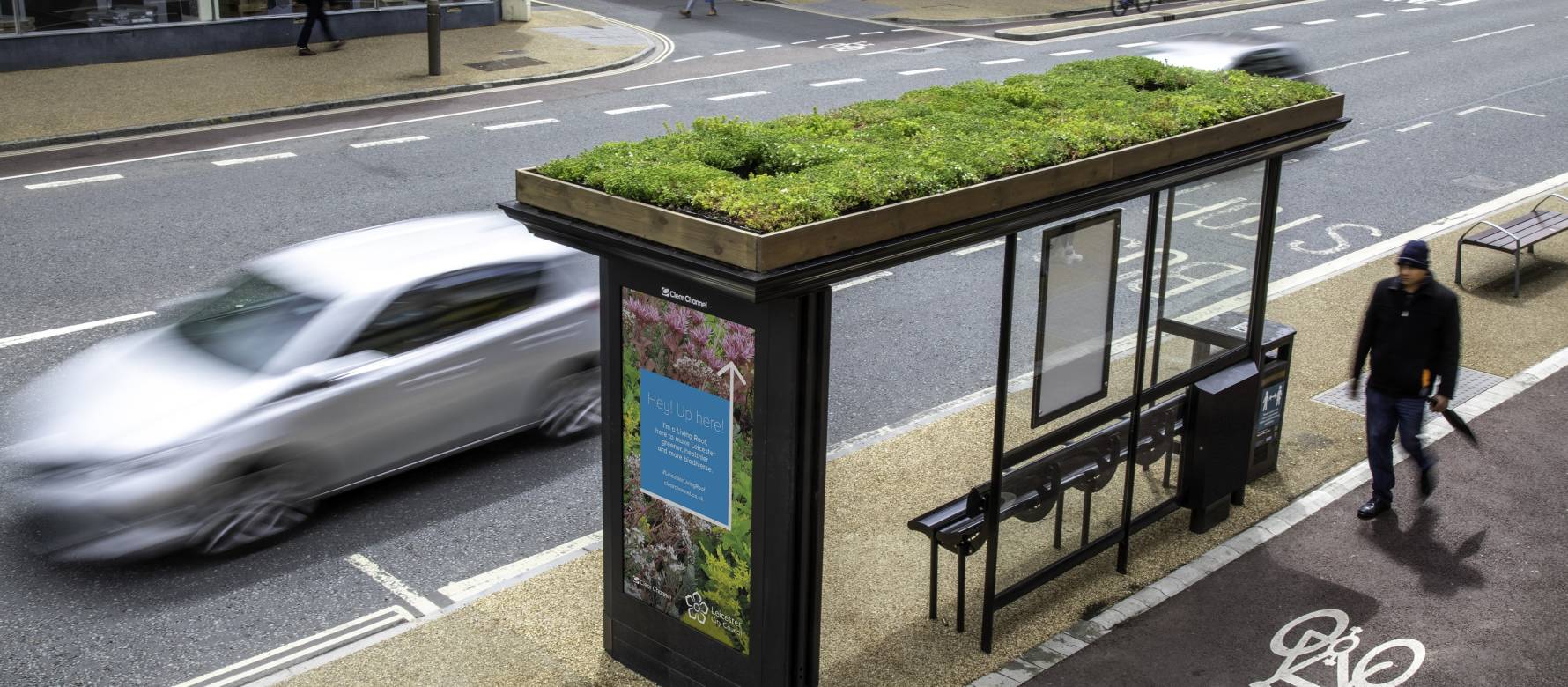 A Clear Channel 'Living Roof' bus shelter in a city location