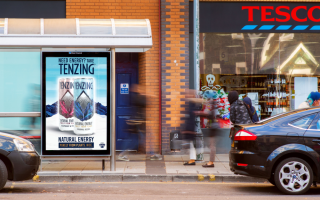 Tenzings natural energy drink advertised on our Adshel panel outside a Tesco store