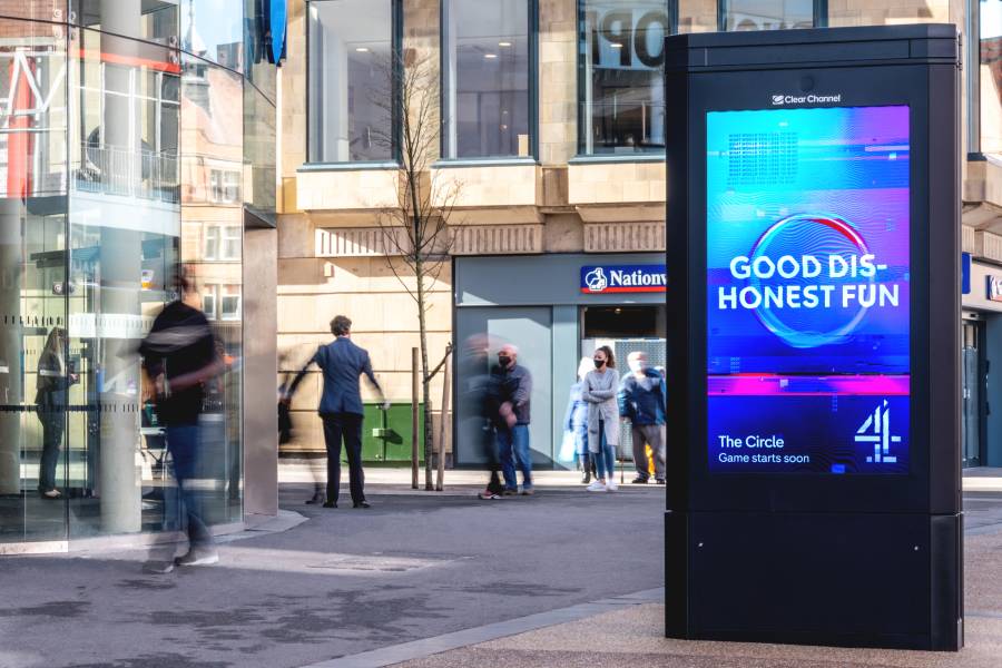 Digital screen outside Nationwide showing Advert for Ch4 The Circle