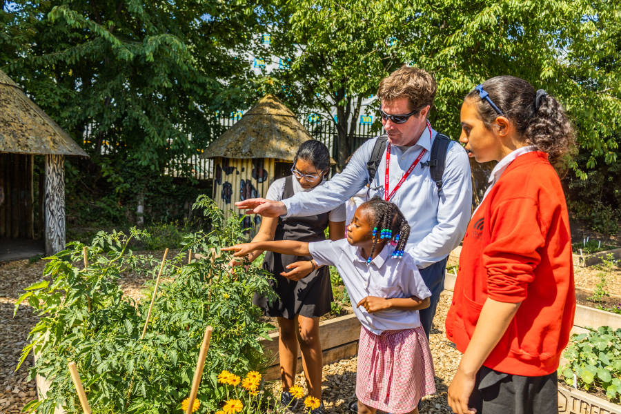 School children being shown some of the plants growing in the edible playground by their teacher