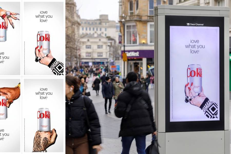 Diet Coke posters showing diverse hands holding the can and also displayed on Adshel Live screen on a high street