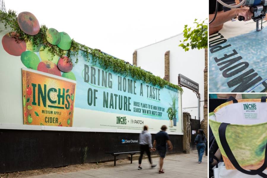 A special build billboard campaign for Inch's cider with details of the poster and a themed bag