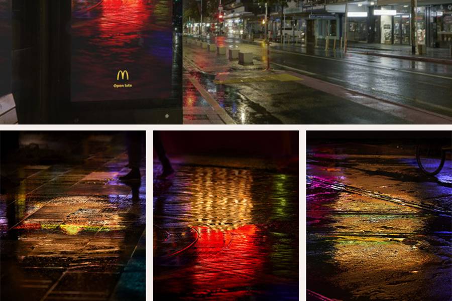 Mcdonalds Advert showing floodlit streets on an empty high street