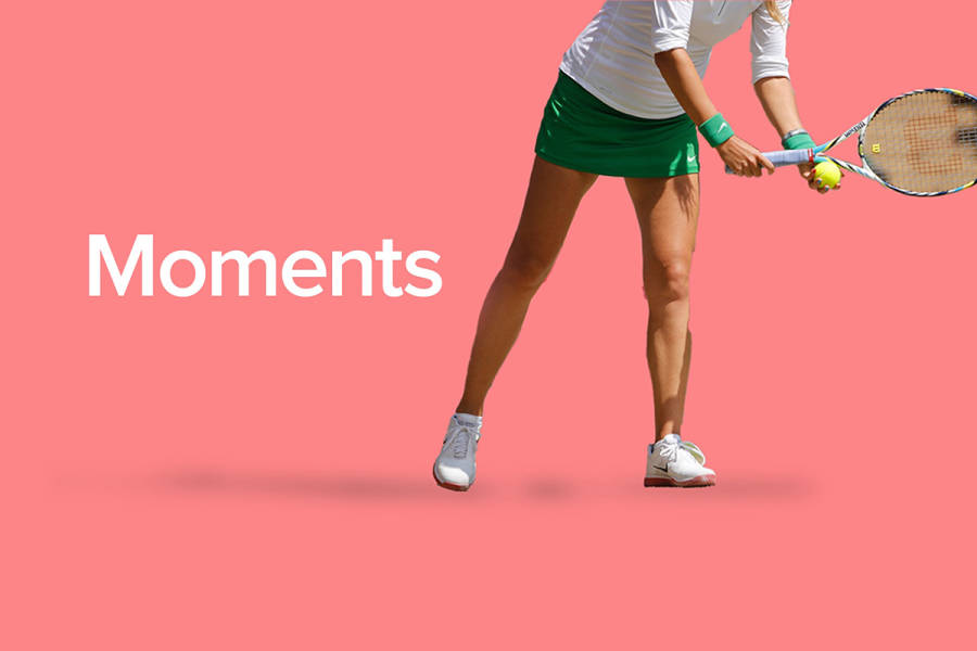 'Moments' text on a pink background with woman playing tennis