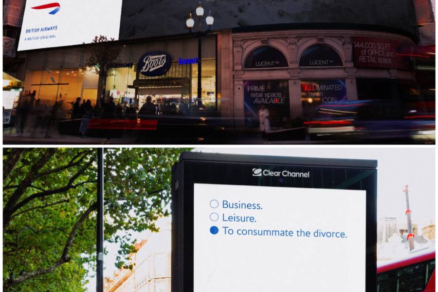 British Airways Billboard Live in Leicester Square above a British Airways Adshel Live screen on a busy road