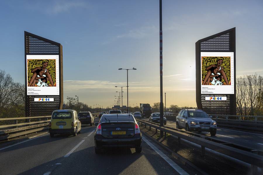 Two Storm billboards displaying POCC advertisement on either side of a motorway as cars drive past