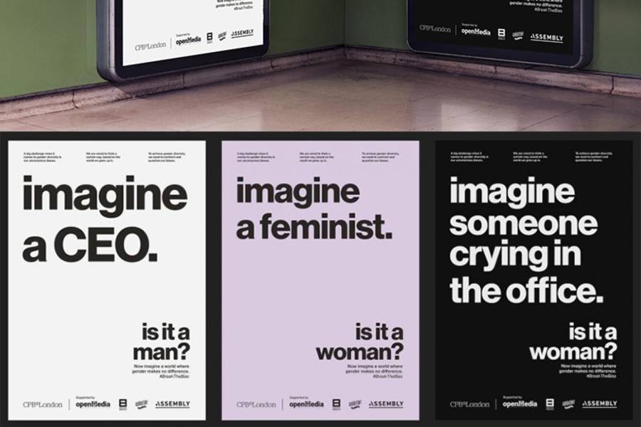 Two screens with slogans - imagine a CEO - imagine someone crying in the office for CPB London campaign