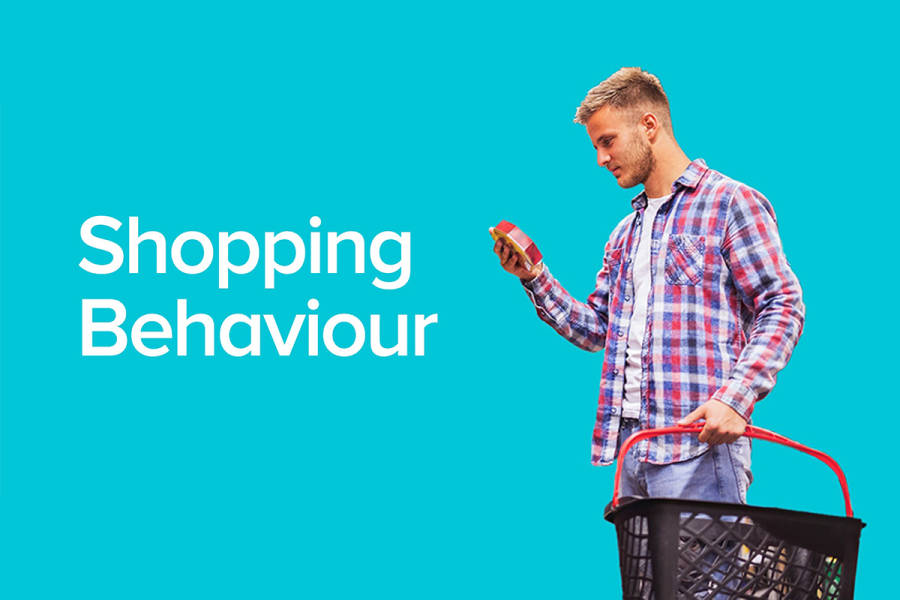 'Shopping behaviour' text on a blue background with a man holding a shopping basket