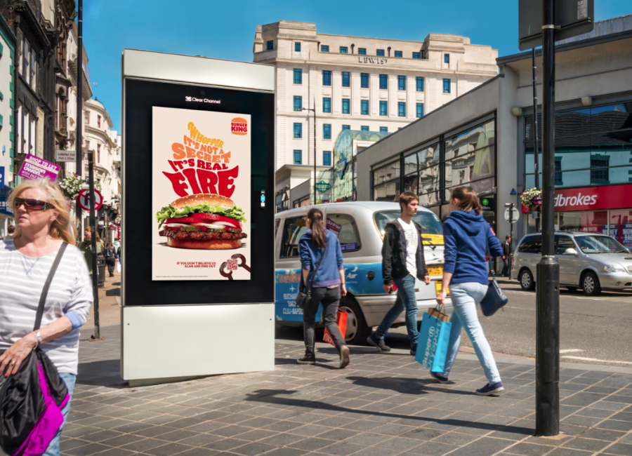 Burger King's AR Adshel Live campaign on a high street outside of Ladbrokes